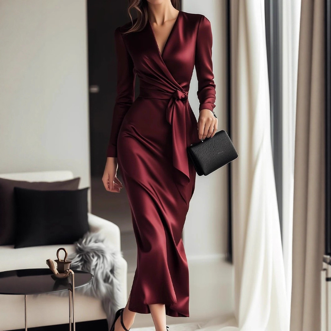 Autumn New Satin Long Sleeve D - Women Formal Wear Trends ulasan dan harga