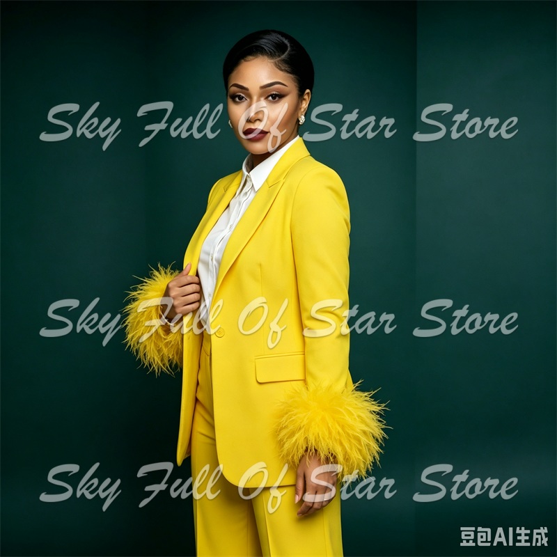 Bright Yellow Feather Cuff Wom - Yellow Formal Wear Women ulasan dan harga