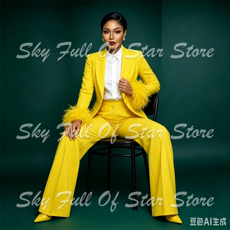 Bright Yellow Feather Cuff Wom - Yellow Formal Wear Women ulasan dan harga