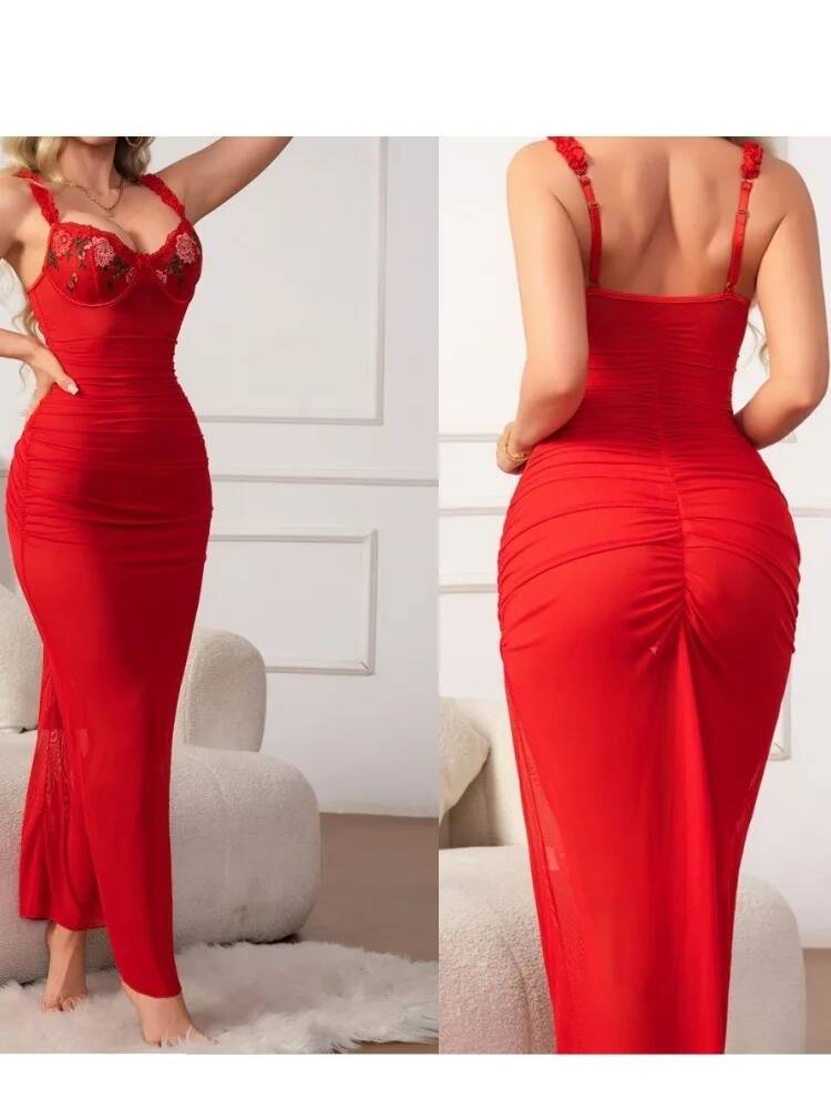 Red Ruched Dress With Strap Bo - Women Formal Wear Trends ulasan dan harga